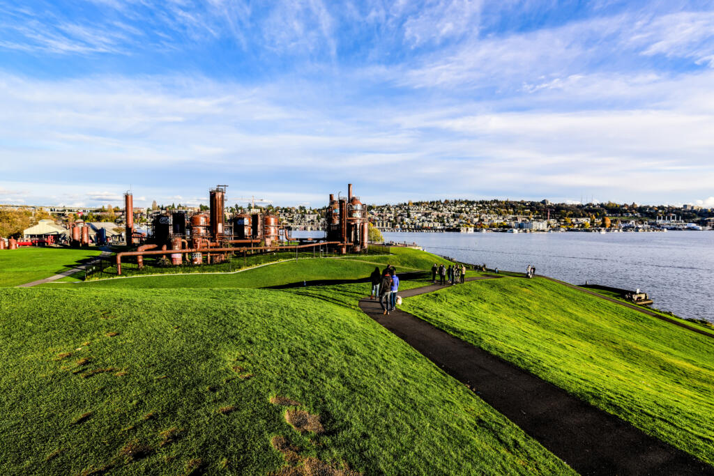 A view of Gasworks park and Lake Union in Seattle.