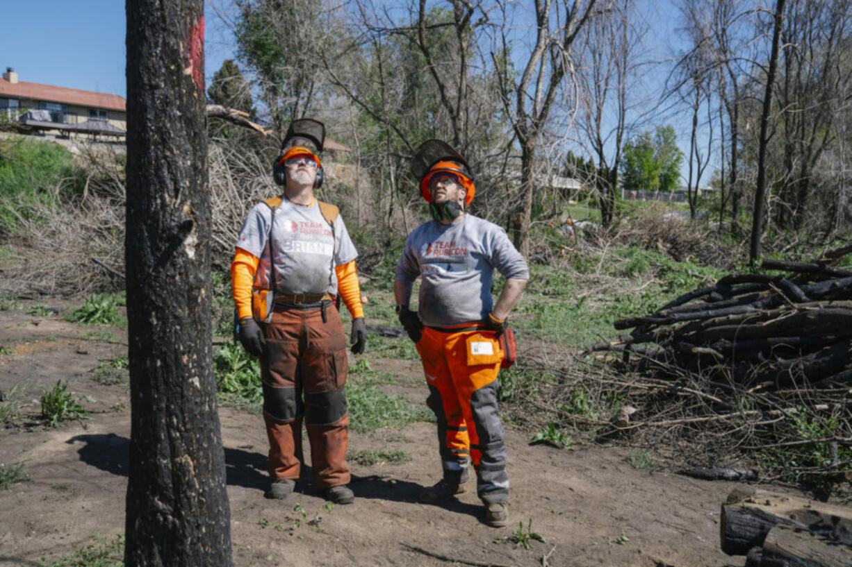 Mike Dutter, of Portland, Oreg., (right) a Team Rubicon Sawyer 1, and Brian Miller, an Advanced Sawyer 1, make a plan to cut down a tree while working on a fire mitigation project. (M.