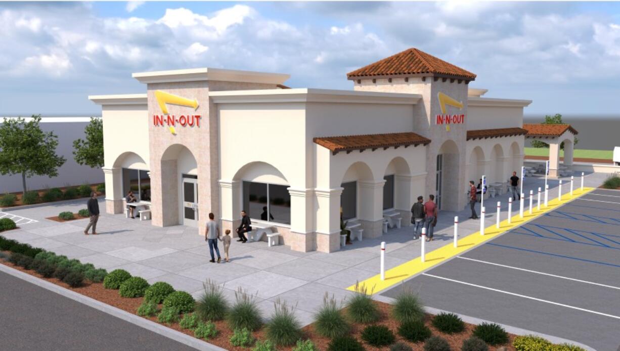 Contributed by the city of Ridgefield
California burger chain In-N-Out submitted an application Feb. 16 for a Ridgefield location, shown in this rendering. Clark County has recently experienced an influx of California transplants, both people and businesses. In-N-Out, Trader Joe&rsquo;s, Mountain Mike&rsquo;s Pizza and Daiso are expanding here. (Associated Press files)