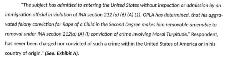 An excerpt from a letter written by Kungfu Karuo to Director of the Center for Human Rights Angelina Godoy that lists the &Ccedil;&fnof;&uacute;Charges of Removability&Ccedil;&fnof;&ugrave; Karuo was accused of and deported based on by ICE.