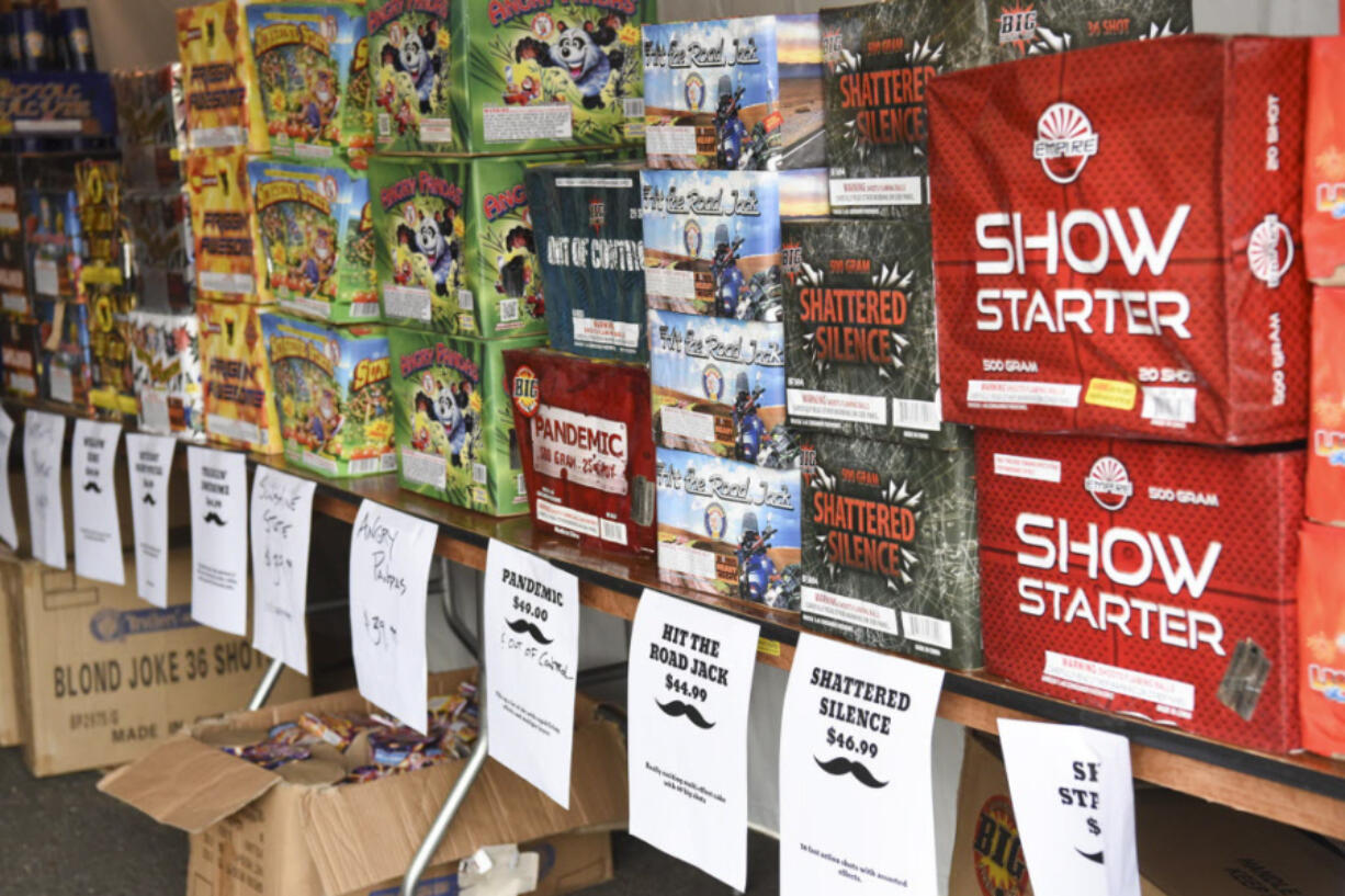 Fireworks line the Mean Gene Fireworks stand in Camas ahead of the New Year&rsquo;s holiday on Dec. 29, 2016.