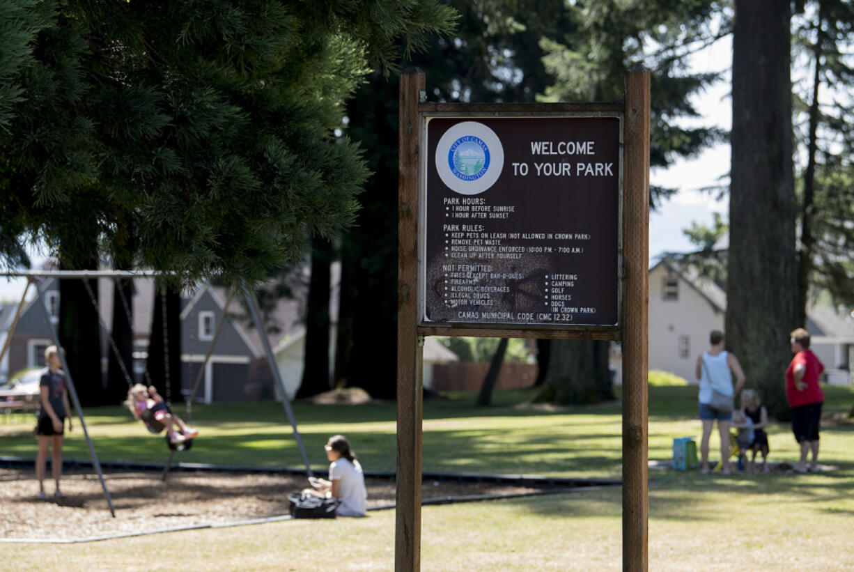 A sign greets visitors to Crown Park in Camas in 2017. Long-awaited improvements are set to begin soon and include a water feature and improved pathways and parking.