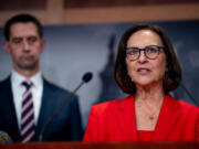 Sen. Deb Fisher (R-NE) (R), accompanied by Sen. Tom Cotton (R-AR) (L) speaks during a news conference on Capitol Hill on May 1, 2024, in Washington, D.C.