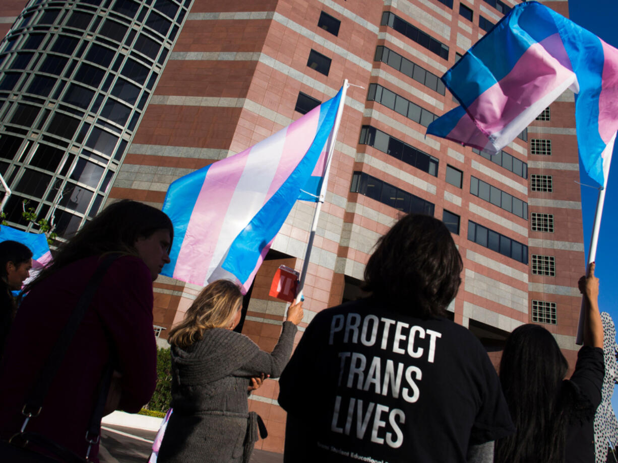 Activists and community members gather to celebrate International Transgender Day of Visibility, March 31, 2017, at the Edward R. Roybal Federal Building in Los Angeles, California.