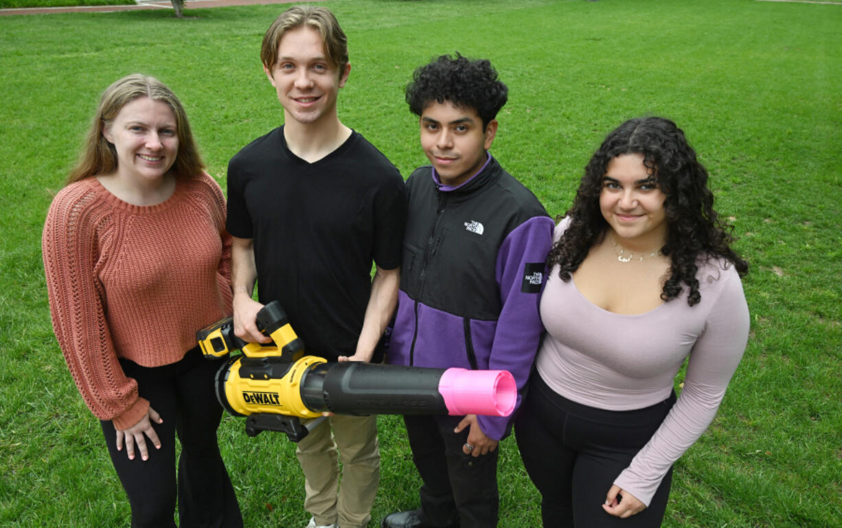 From left: Madison Morrison, 22, Andrew Palacio, 22, Michael Chacon, 22, and Leen Alfaoury, 21, are Johns Hopkins University seniors who created a noise-reducing leaf blower cap for their senior design project. The students have filed for a patent for the attachment, which has been picked up by Stanley Black &amp; Decker for manufacturing.