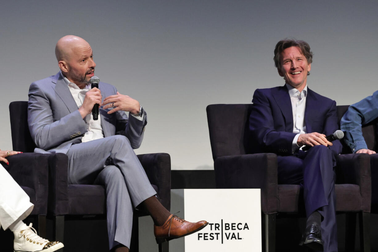 Jon Cryer, left, and Andrew McCarthy speak June 7 at the &ldquo;Brats&rdquo; premiere during the 2024 Tribeca Festival at BMCC Theater in New York.