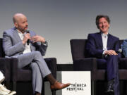 Jon Cryer, left, and Andrew McCarthy speak June 7 at the &ldquo;Brats&rdquo; premiere during the 2024 Tribeca Festival at BMCC Theater in New York.