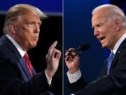 This combination of pictures shows then U.S. President Donald Trump and Democratic Presidential candidate and former U.S. Vice President Joe Biden during the final presidential debate at Belmont University in Nashville, Tennessee, on October 22, 2020.