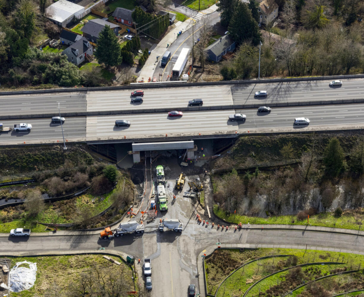 An aerial view of the construction site where Interstate 5 crosses over Southwest 26th Avenue in Portland in February.