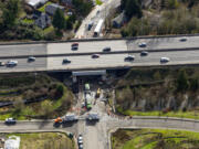 An aerial view of the construction site where Interstate 5 crosses over Southwest 26th Avenue in Portland in February.