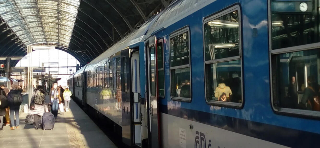 A train awaits passengers at Prague&rsquo;s main station.