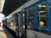 A train awaits passengers at Prague&rsquo;s main station.