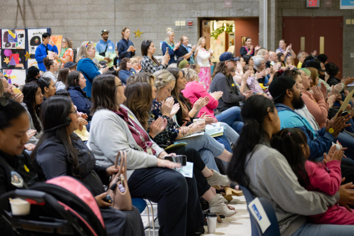 Parents watch and clap along as students from Hazel Dell Elementary School perform talents and give speeches as part of the school&rsquo;s third annual Leadership Day on Wednesday.