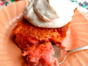 Strawberry cake mix, fresh rhubarb, ripe strawberries and cream magically create a custard-like layer of goodness.