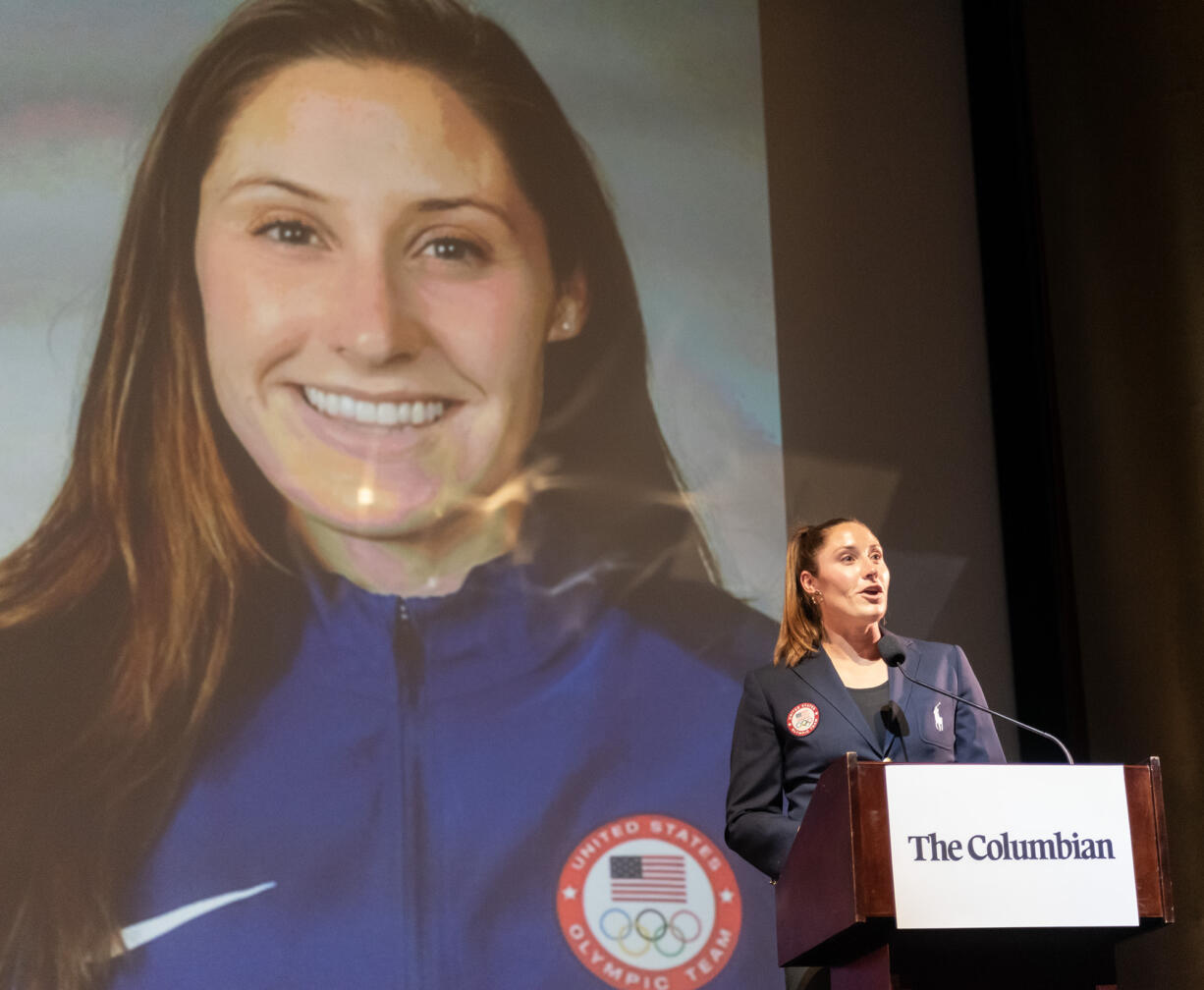 Four-time Olympian and Skyview High School alumna Kara Winger talks about her life experiences Wednesday, June 5, 2024, during The Columbian’s All-Region Awards Ceremony at Kiggins Theatre.