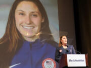 Four-time Olympian and Skyview High School alumna Kara Winger talks about her life experiences Wednesday, June 5, 2024, during The Columbian’s All-Region Awards Ceremony at Kiggins Theatre.