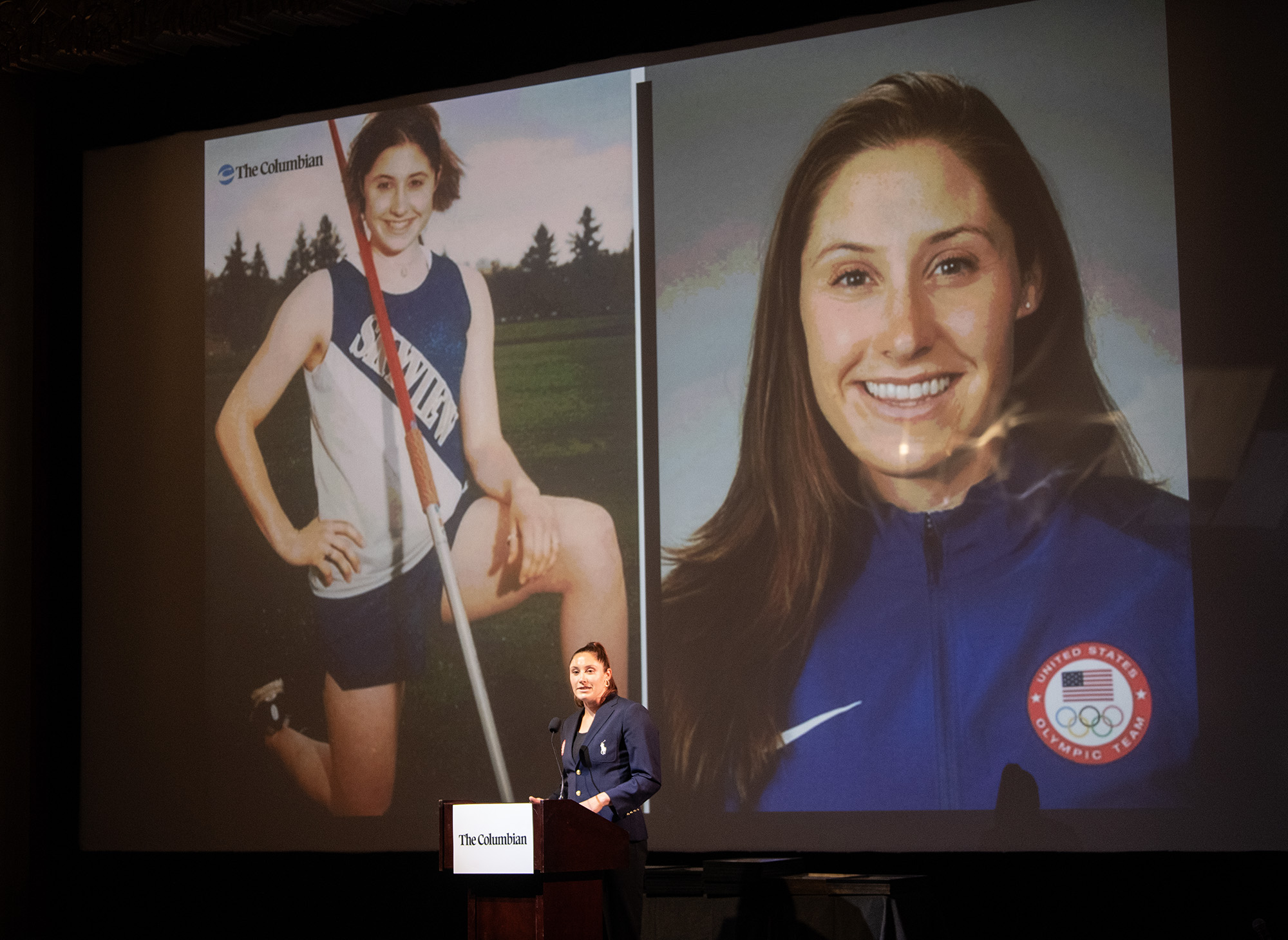 Four-time Olympian and Skyview High School alumna Kara Winger speaks to a sold-out Kiggins Theatre on Wednesday, June 5, 2024, during The Columbian’s All-Region Awards Ceremony.