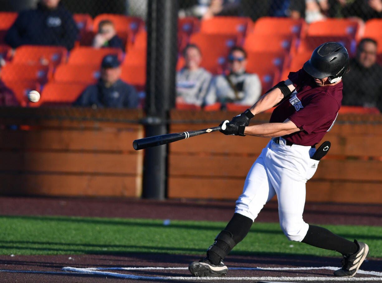 Ridgefield's Luke Iverson hits the ball Tuesday June 11, 2024, during the Raptors’ 10-0 win against Yakima Valley Pippins at the Ridgefield Outdoor Recreation Complex.