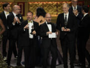 Matthew Rego, from left, Michael Rego, and Hank Unger accept the award for best musical for &ldquo;The Outsiders&rdquo; during the 77th Tony Awards on Sunday, June 16, 2024, in New York.