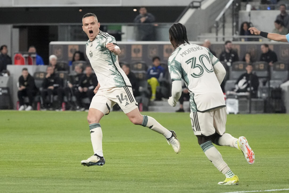 Portland Timbers forward Jonathan Rodriguez, left, scored the go-ahead goal on Wednesday, June 19, 2024, as the Timbers beat the San Jose Earthquakes 2-1 at San Jose, Calif.