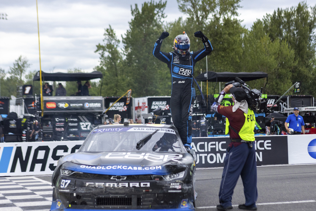 Shane van Gisbergen celebrates after winning the NASCAR Xfinity Series auto race at Portland International Raceway on Saturday, June 1, 2024, in Portland, Ore.