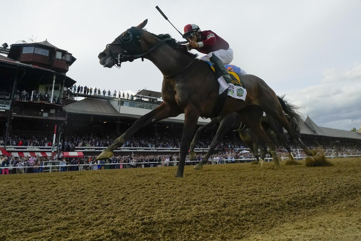 Dornoch, (6), with Luis Saez up, crosses the finish line to win the 156th running of the Belmont Stakes horse race, Saturday, June 8, 2024, in Saratoga Springs, N.Y.