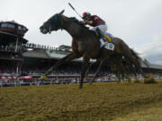 Dornoch, (6), with Luis Saez up, crosses the finish line to win the 156th running of the Belmont Stakes horse race, Saturday, June 8, 2024, in Saratoga Springs, N.Y.