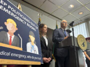 Washington Gov. Jay Inslee speaks to reporters during a news conference in Seattle, Tuesday, June 11, 2024, as abortion rights supporters listen. Inslee announced that Washington state will spell out in state law that hospitals must provide abortions if needed to stabilize patients, a step that comes as the U.S. Supreme Court is expected to rule this month on whether conservative states can bar abortions during some medical emergencies.