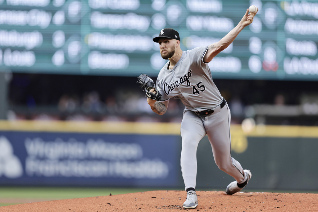 Chicago White Sox pitcher Garrett Crochet throws to a Seattle Mariners batter during the first inning of a baseball game Thursday, June 13, 2024, in Seattle.