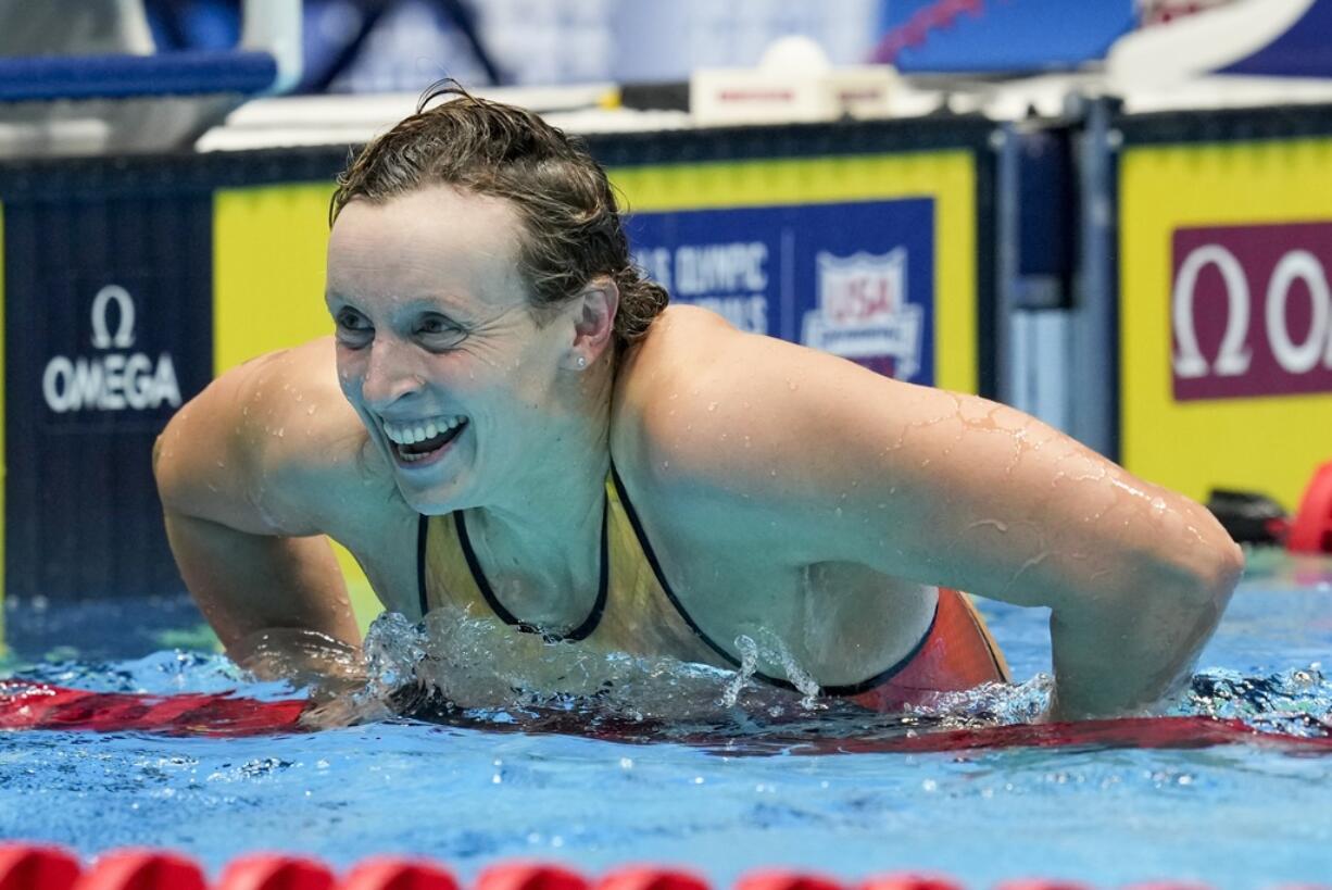 Katie Ledecky celebrates afterthe Women's 200 freestyle finals Monday, June 17, 2024, at the US Swimming Olympic Trials in Indianapolis.