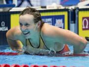 Katie Ledecky celebrates afterthe Women's 200 freestyle finals Monday, June 17, 2024, at the US Swimming Olympic Trials in Indianapolis.