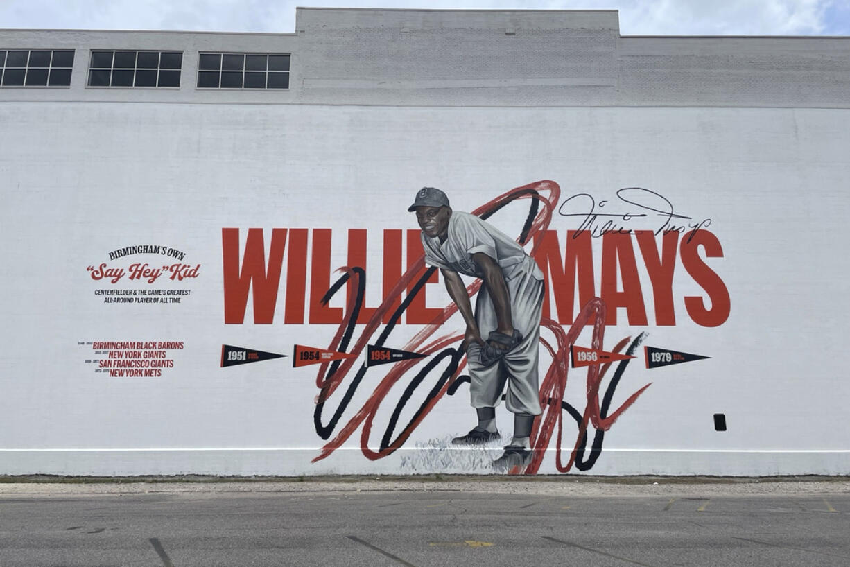 A Willie Mays mural is shown in downtown Birmingham, Ala., Wednesday, June 19, 2024.