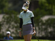 Nelly Korda reacts to her putt on the fourth green during the second round of the Women's PGA Championship golf tournament at Sahalee Country Club, Friday, June 21, 2024, in Sammamish, Wash.