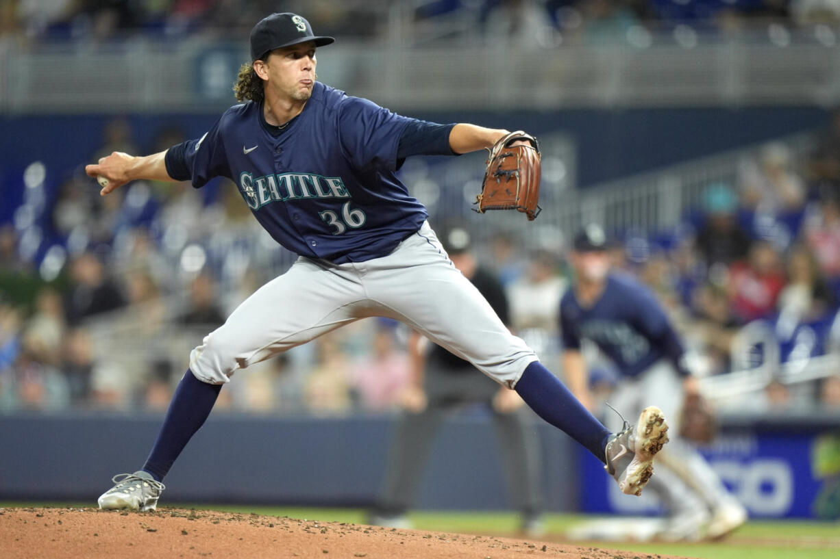 Seattle Mariners' Logan Gilbert delivers a pitch during the first inning of a baseball game against the Miami Marlins, Saturday, June 22, 2024, in Miami.