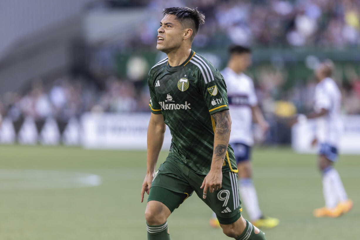 Portland Timbers forward Felipe Mora reacts after his goal against the Vancouver Whitecaps during the first half of an MLS soccer match Saturday, June 22, 2024, in Portland, Ore.