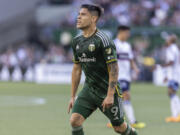 Portland Timbers forward Felipe Mora reacts after his goal against the Vancouver Whitecaps during the first half of an MLS soccer match Saturday, June 22, 2024, in Portland, Ore.