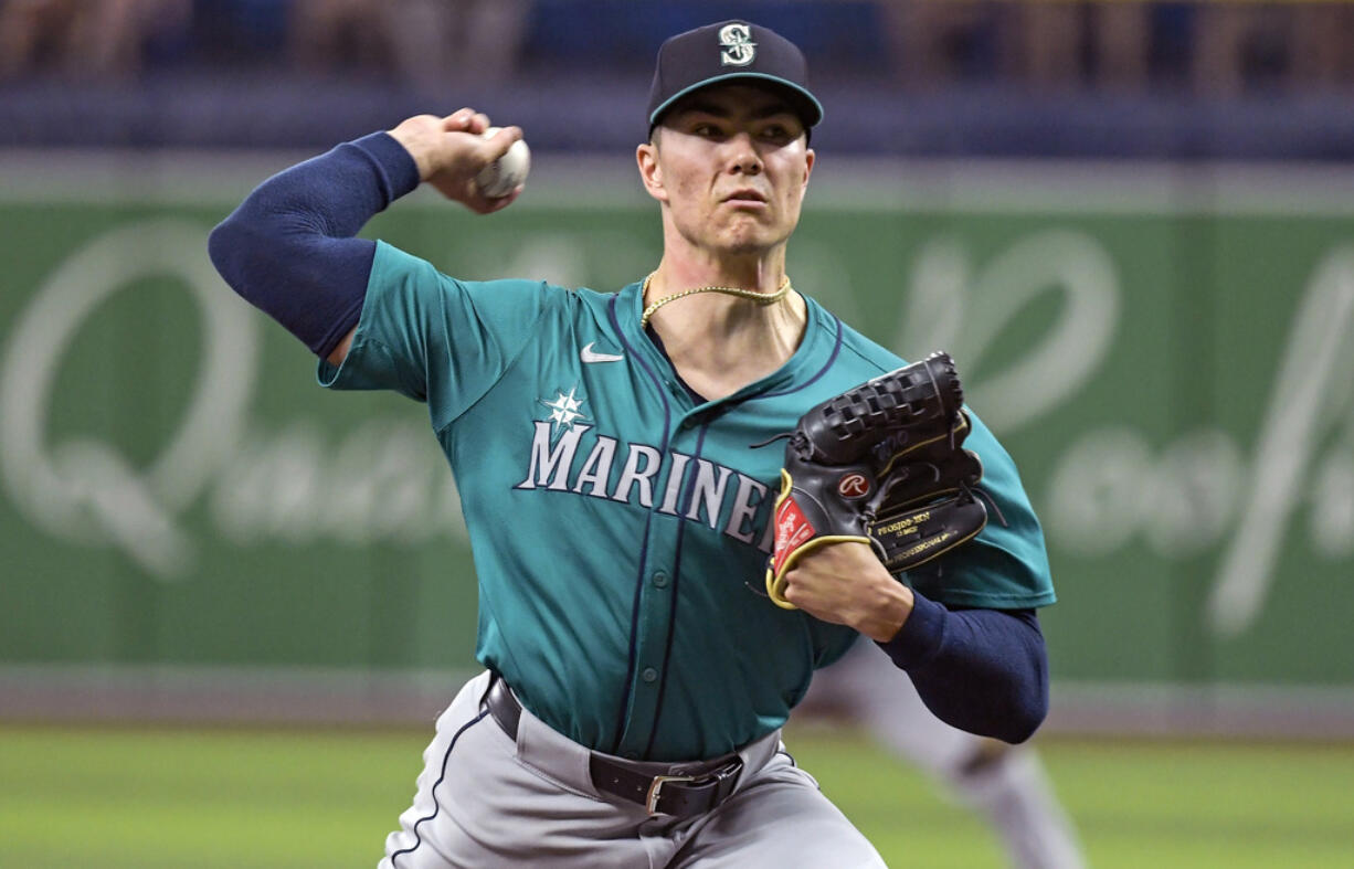 Seattle Mariners starter Bryan Woo pitches against the Tampa Bay Rays during the first inning of a baseball game Monday, June 24, 2024, in St. Petersburg, Fla.