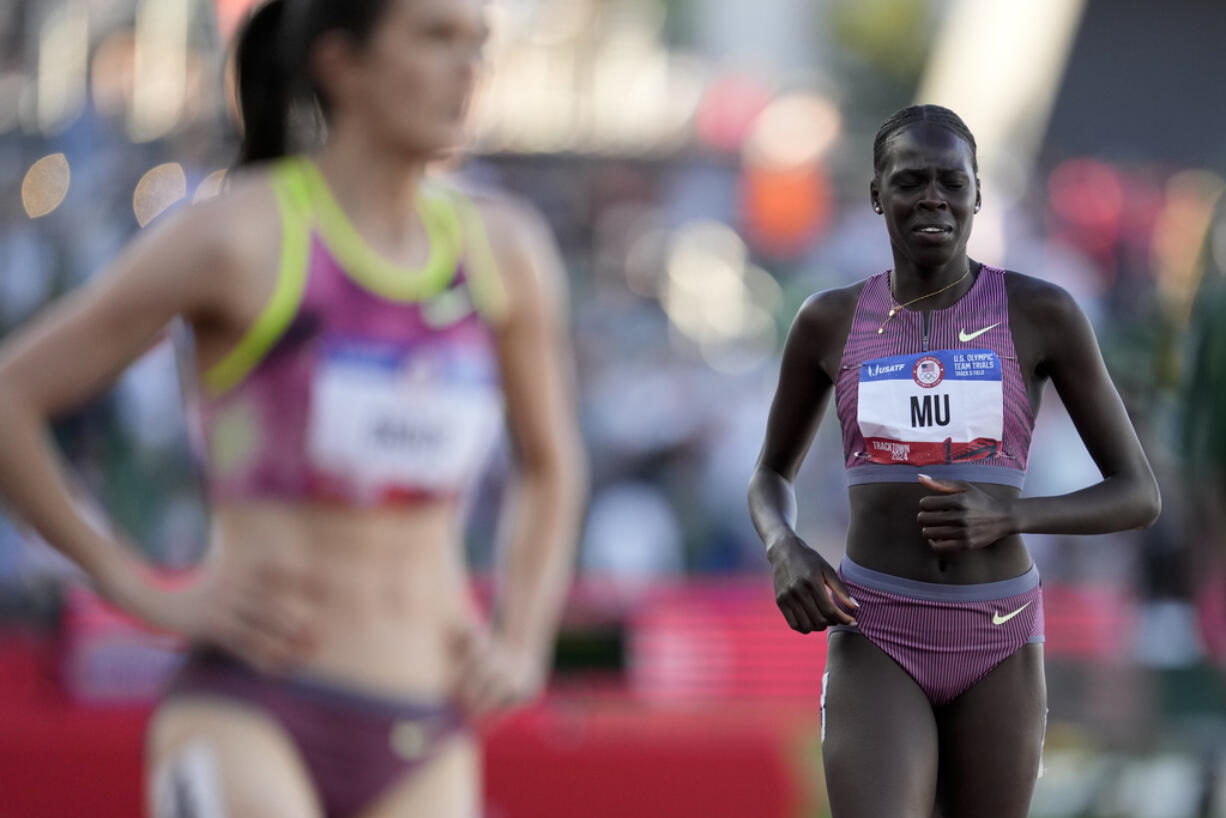 Athing Mu is in last place after falling in the women's 800-meter final during the U.S. Track and Field Olympic Team Trials Monday, June 24, 2024, in Eugene, Ore.