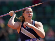 Kara Winger competes in the women's javelin throw during the U.S. Track and Field Olympic Team Trials Friday, June 28, 2024, in Eugene, Ore.