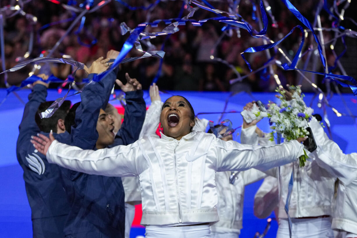 Jordan Chiles celebrates after she was named to the 2024 Olympic team at the United States Gymnastics Olympic Trials on Sunday, June 30, 2024, in Minneapolis.