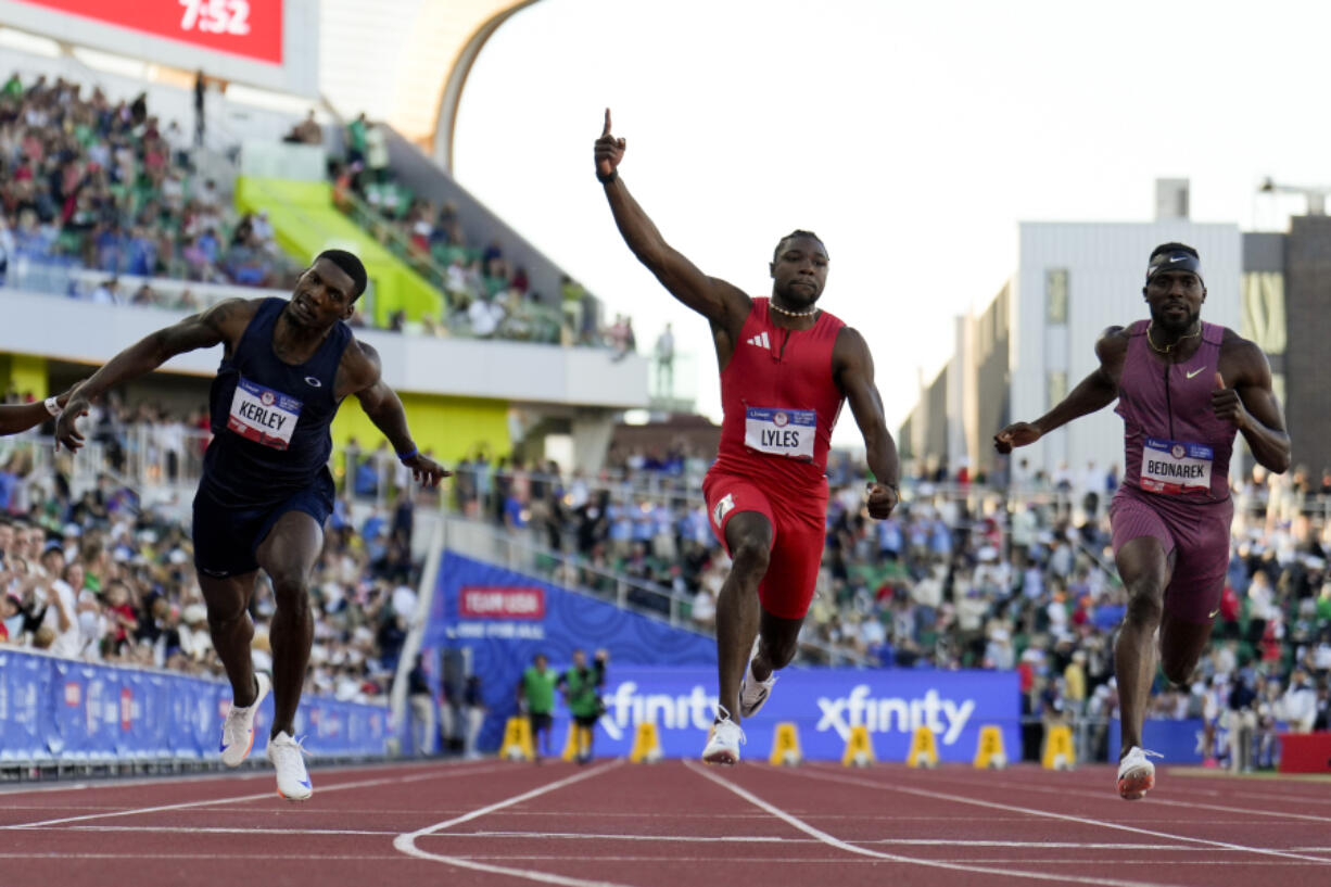 Noah Lyles celebrates after winning the men&rsquo;s 100-meter final during the U.S. Olympic Trials Sunday in Eugene, Ore.