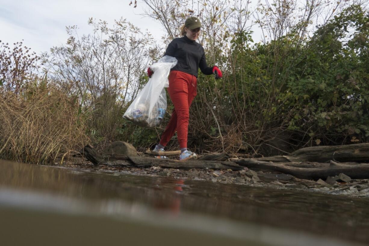 Volunteer Rosemarie Hepner carries a bag during a shoreline trash pickup on Wednesday, Nov. 15, 2023, at Anacostia Park in Washington. For decades, the Anacostia was treated as a municipal dumping ground for industrial waste, storm sewers and trash. A sewer upgrade in the city and decades of local environmental advocacy have brought improvements to the river, but change has come slowly.