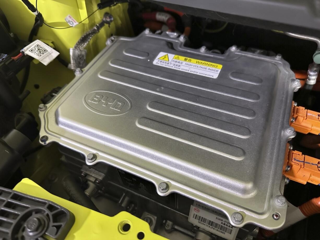 The battery of a BYD Seagull electric vehicle as seen at the Caresoft Global facility Wednesday, April 3, 2024, in Livonia, Mich. Caresoft President Terry Woychowski, a former engineer at General Motors, said the Seagull represents a &ldquo;clarion call&rdquo; for the U.S. auto industry.