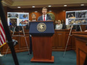 Christopher R. Kavanaugh, U.S. Attorney for the Western District of Virginia, speaks at the podium at the Federal Courthouse in Charlottesville during a press conference where the United States Justice Department discusses the plea agreement reached with Envigo RMS, an animal breeder in Cumberland Va., for $35 Million in an animal welfare case on June 3, 2024.