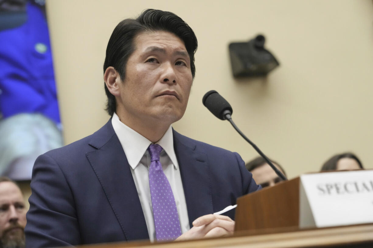 FILE - Department of Justice Special Counsel Robert Hur listens during a House Judiciary Committee hearing, March 12, 2024, on Capitol Hill in Washington.The Justice Department says its concerned that releasing audio of President Joe Biden&rsquo;s interview with a special counsel about his handling of classified documents could lead to deepfakes that trick Americans.