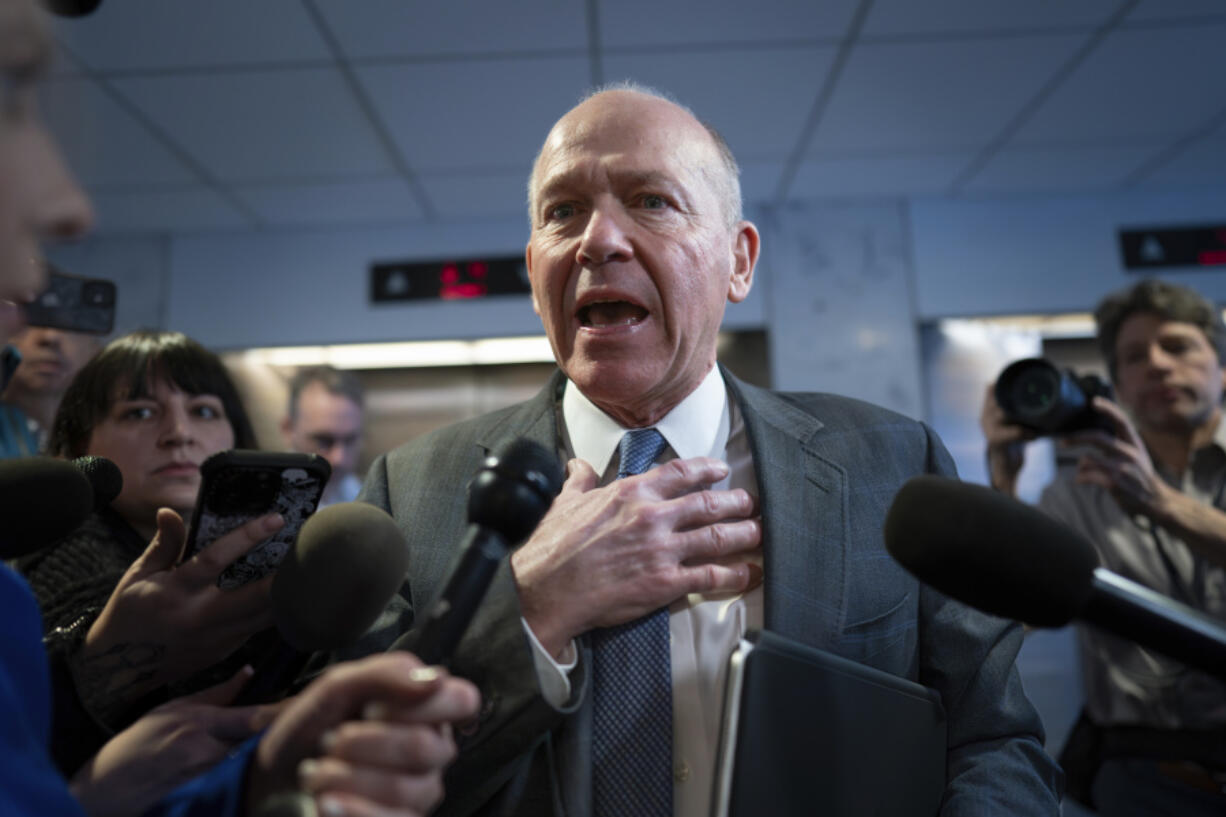 FILE - Boeing CEO David Calhoun speaks with reporters after a meeting at the Capitol in Washington, Jan. 24, 2024. U.S. lawmakers are expected to press Boeing&rsquo;s chief executive on Tuesday, June 18, 2024, about the company&rsquo;s latest plan to fix its manufacturing problems. (AP Photo/J.