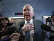 FILE - Boeing CEO David Calhoun speaks with reporters after a meeting at the Capitol in Washington, Jan. 24, 2024. U.S. lawmakers are expected to press Boeing&rsquo;s chief executive on Tuesday, June 18, 2024, about the company&rsquo;s latest plan to fix its manufacturing problems. (AP Photo/J.