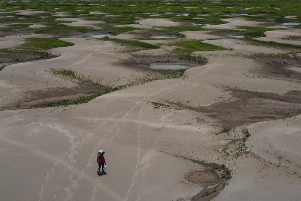 FILE - A resident of a riverside community carries food and containers of drinking water after being distributed due to the ongoing drought in Careiro da Varzea, Amazonas state, Brazil, Oct. 24, 2023.  The National Oceanic Atmospheric Administration Thursday, June 13, 2024, pronounced dead the El Nino that warms parts of the central Pacific.