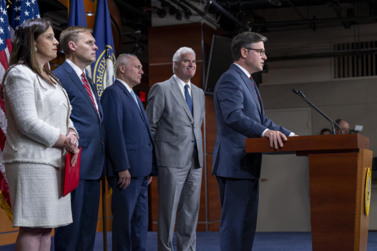 Speaker of the House Mike Johnson, R-La., right, and other Republican leaders, from left, GOP Conference Chair Elise Stefanik, R-NY, Rep. Michael Guest, R-Miss., House Majority Leader Steve Scalise, R-La., and Majority Whip Tom Emmer, R-Minn., meet with reporters to condemn former President Donald Trump&rsquo;s guilty conviction in a New York court last week, at the Capitol in Washington, Tuesday, June 4, 2024. Johnson also called President Joe Biden the worst president in American history. (AP Photo/J.