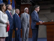 Speaker of the House Mike Johnson, R-La., right, and other Republican leaders, from left, GOP Conference Chair Elise Stefanik, R-NY, Rep. Michael Guest, R-Miss., House Majority Leader Steve Scalise, R-La., and Majority Whip Tom Emmer, R-Minn., meet with reporters to condemn former President Donald Trump&rsquo;s guilty conviction in a New York court last week, at the Capitol in Washington, Tuesday, June 4, 2024. Johnson also called President Joe Biden the worst president in American history. (AP Photo/J.